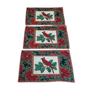 Cardinal Placemats, Vintage Christmas, set of 3, woven, Red Holiday, table mats